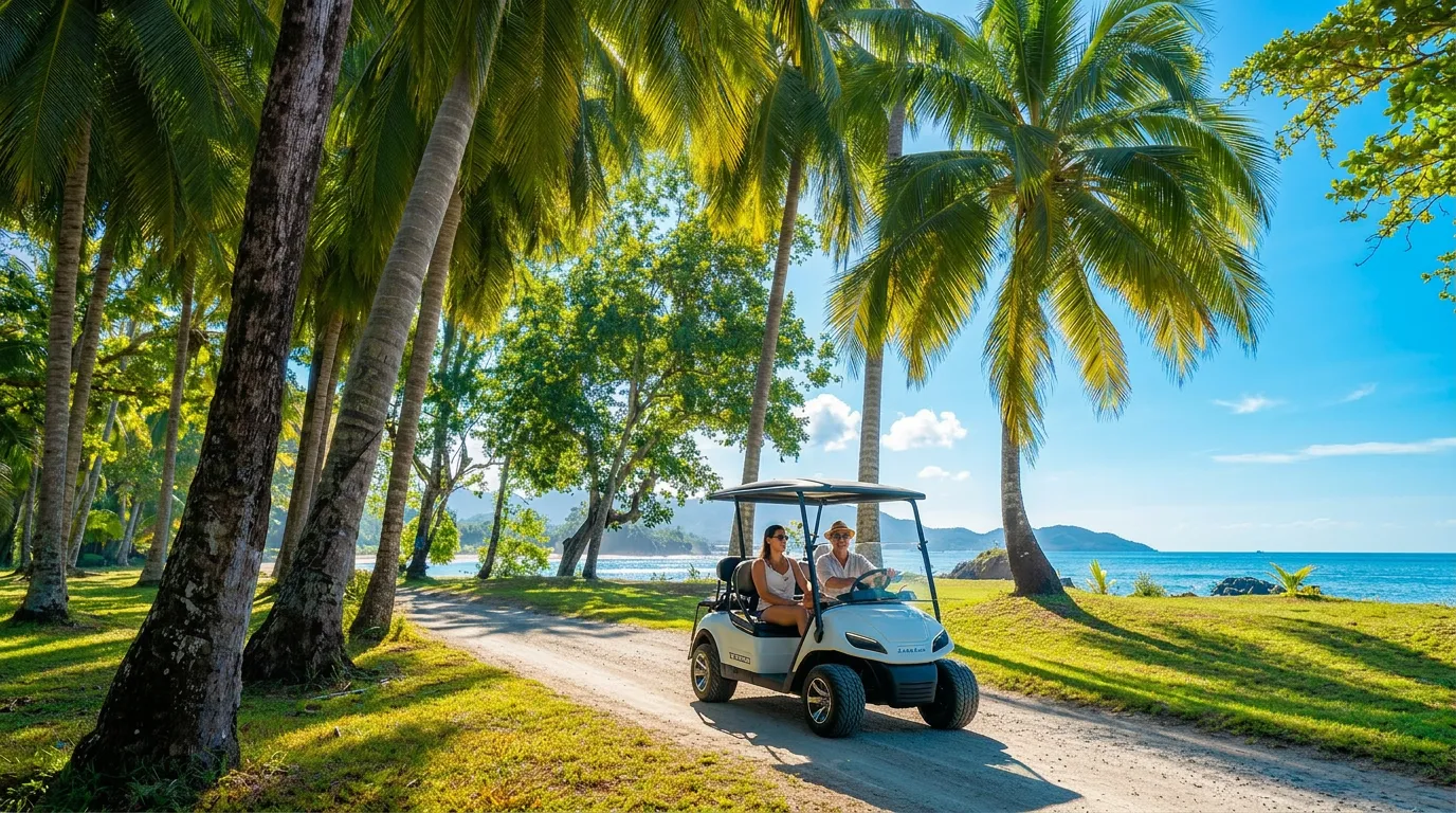 Premium golf cart on a Guanacaste coastal road at golden hour